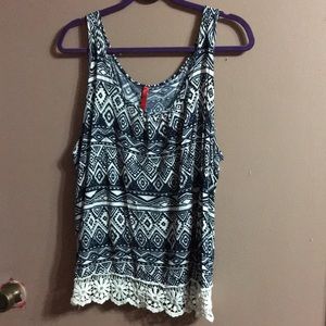 Blue and cream tribal print with lace bottom tank